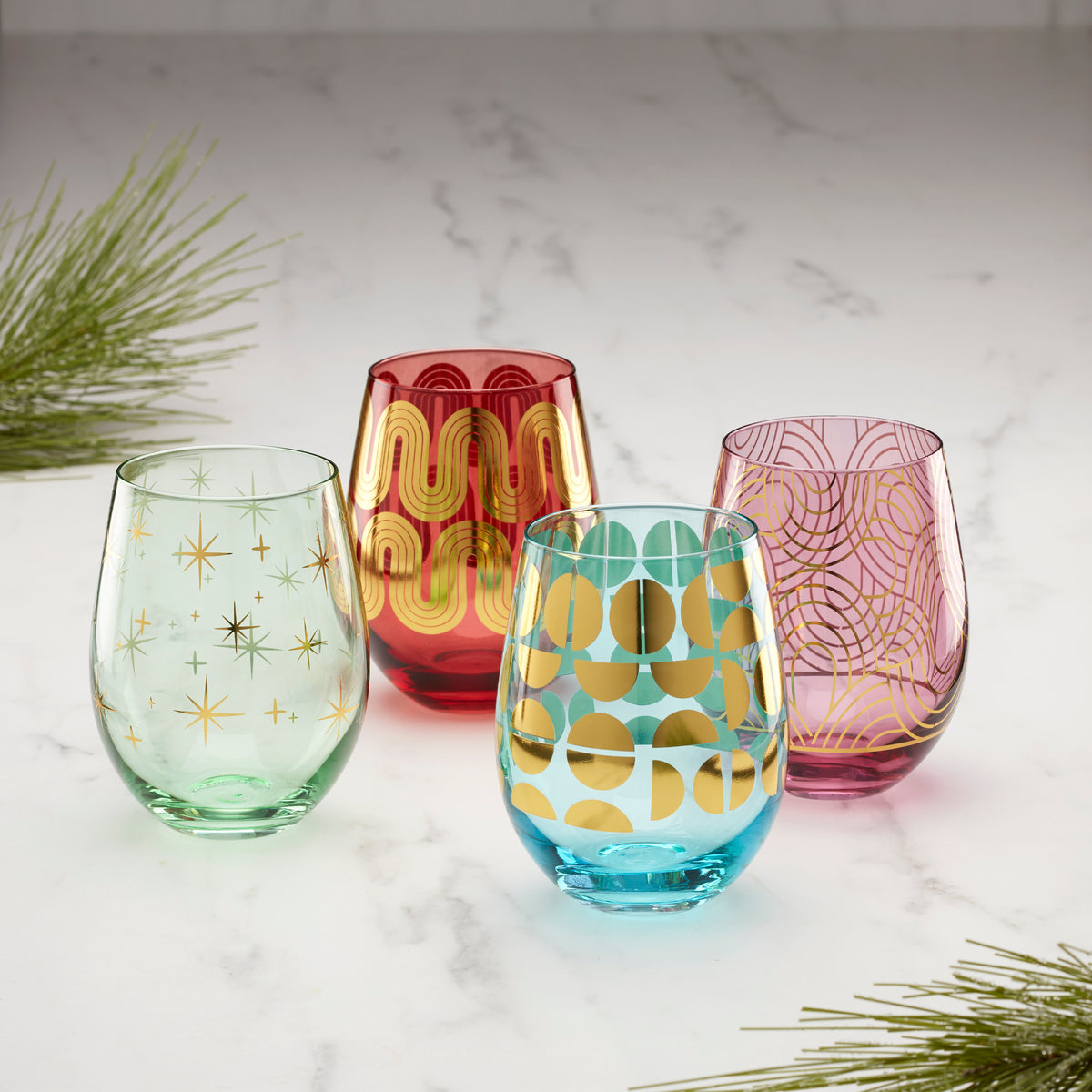 Retro Stemless Wine Glasses, Set of 4